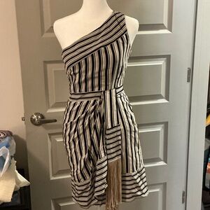 BCBG One-Shoulder Dress in Black and White Stripes